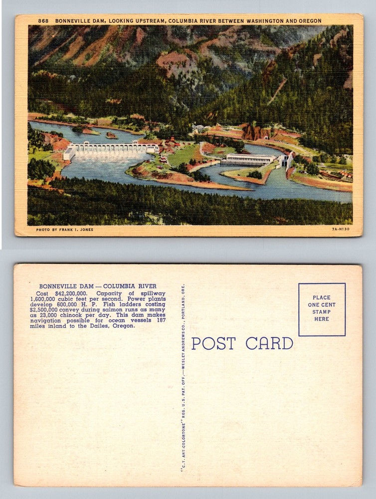 Bonneville Dam, OR-Oregon, Aerial Upstream View Columbia River Vintage Postcard