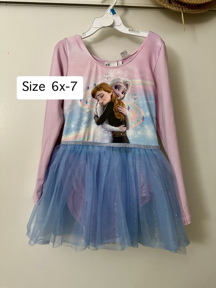 H&M Girls Frozen Anna Elsa Tutu Dress Long Sleeve Pink/Blue Size 6X-7