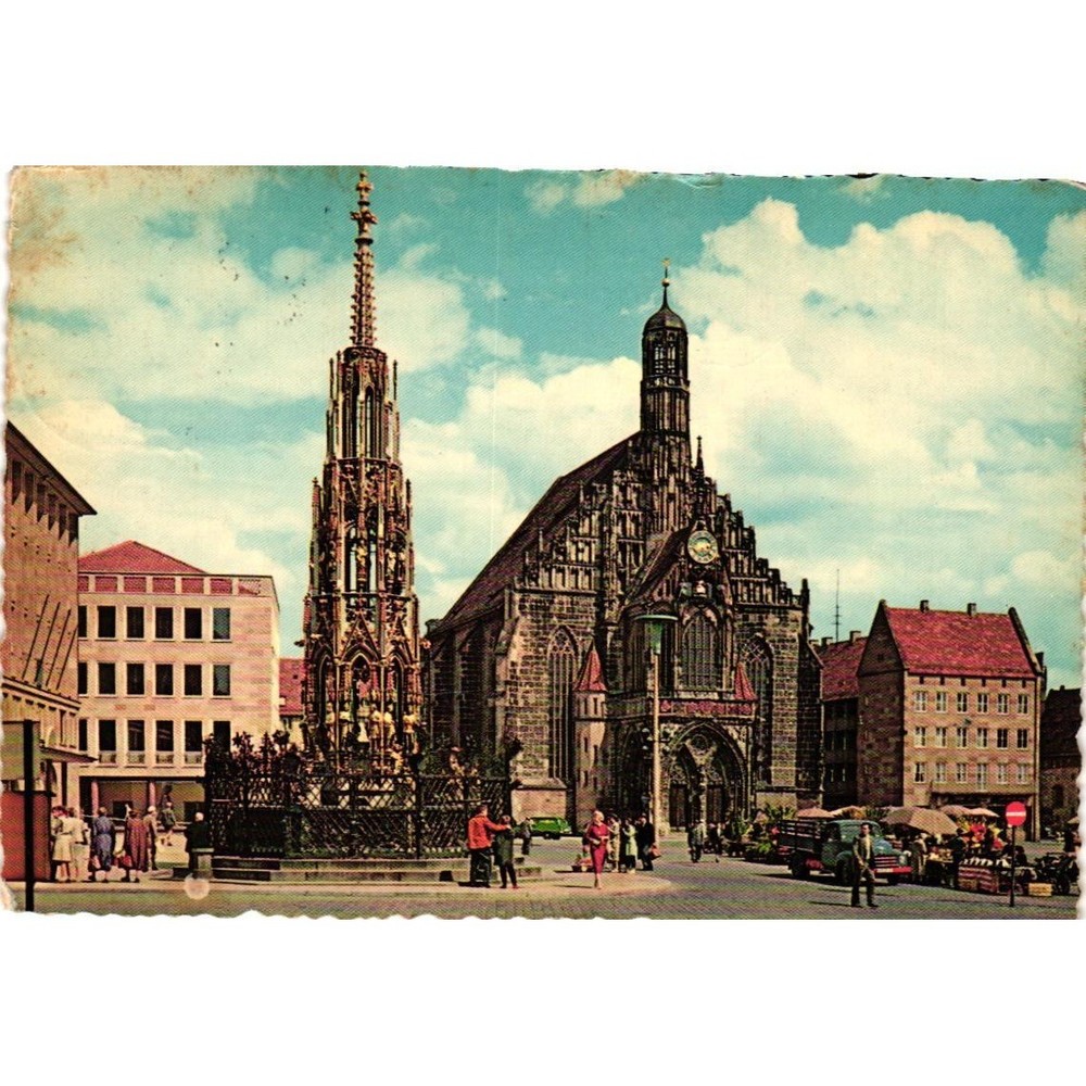 Vintage 1960 Nuremberg Germany Postcard Hauptmarkt Frauenkirche Schoner Brunnen