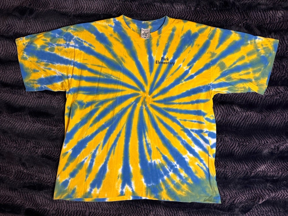 Vintage Tie Dye T Shirt XXL 2XL Blue Yellow Alore Single Stitch Hippy Swirl 90s