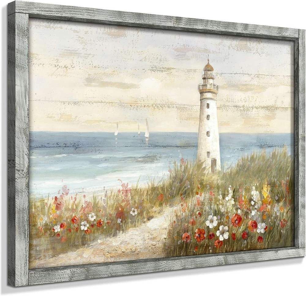 32x24 Framed Seascape Lighthouse Painting - Abstract Ocean Wall Art