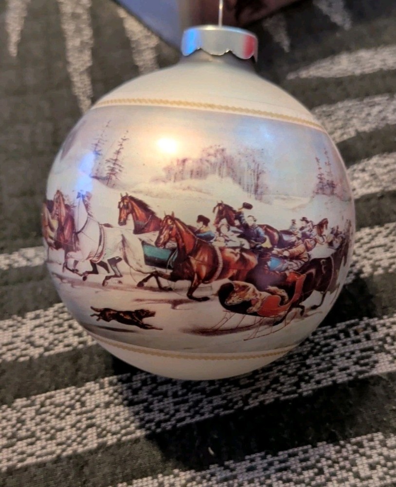 Vintage Currier & Ives Trotting Cracks On The Snow Glass Christmas Ornament.