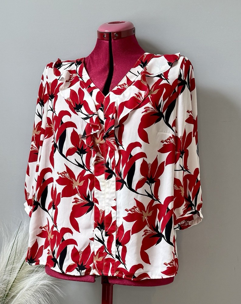 Liz Claiborne Womens Medium Semi-Shear Blouse, Vibrate Red & Black Floral Deisgn