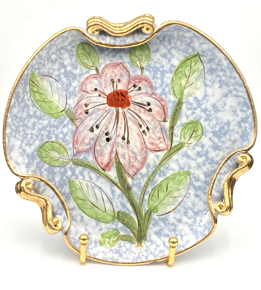 Vtg. Hand-painted Italy 3-Handled Candy/Trinket Dish, Enamelware, Gold Gilt