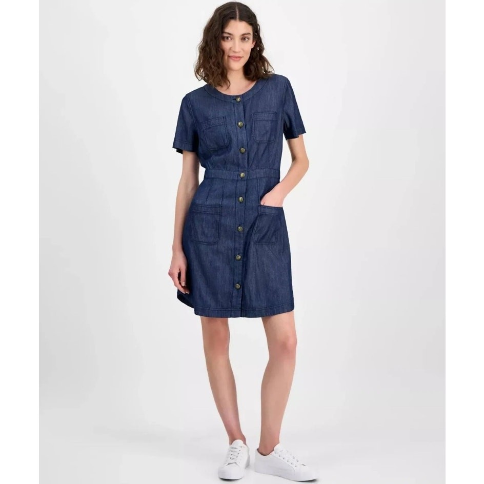 Nautica Women Dark Blue Lightweight Cotton Denim Button-Front Shirt Dress Size S