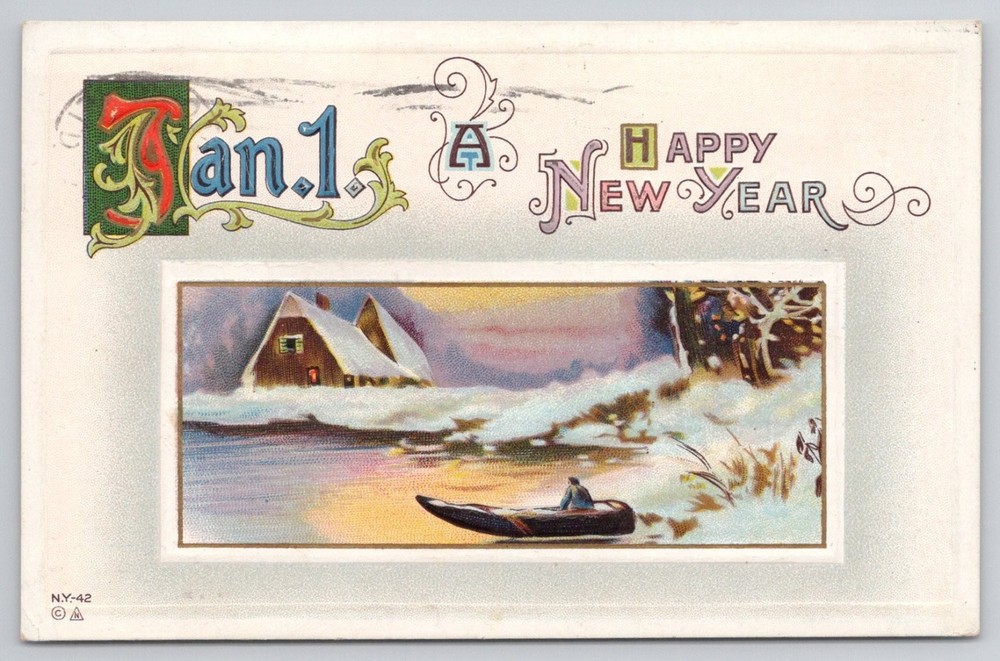 1913 New Year Postcard Bloomfield NJ Postmark Winter Scene Boat Cabin Snow