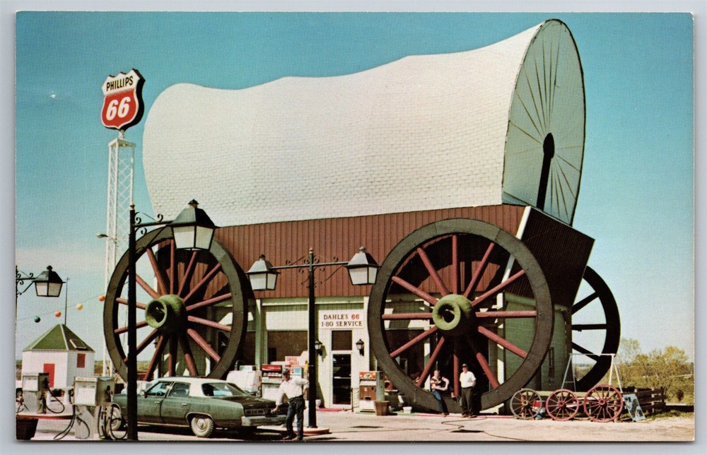 Phillips 66 Gas Station Worlds Largest Covered Wagon Milford NE Postcard AB24