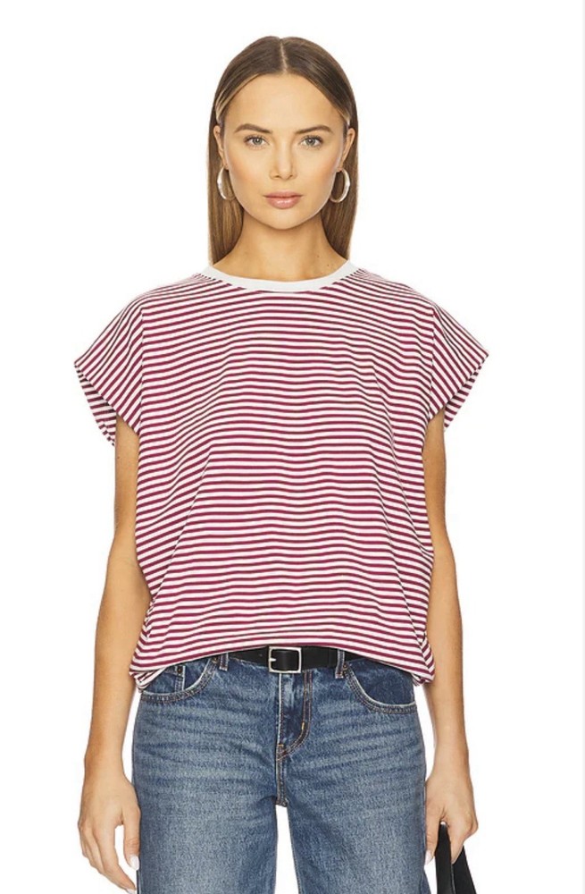 The Pistola Trina Striped Muscle Tee, Cap Sleeve, Relaxed Fit, Sangria/White, S