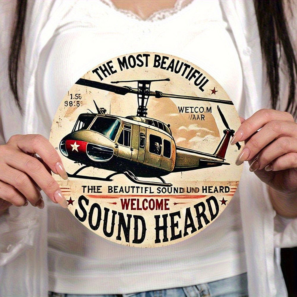 Helicopter Design Vintage Style Circular Metal Artwork Poster