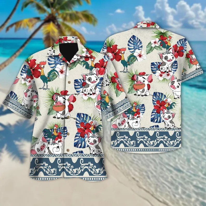 Tropical Pig Rooster Floral Hawaii Shirt Beach Vacation Aloha Hawaiian Top