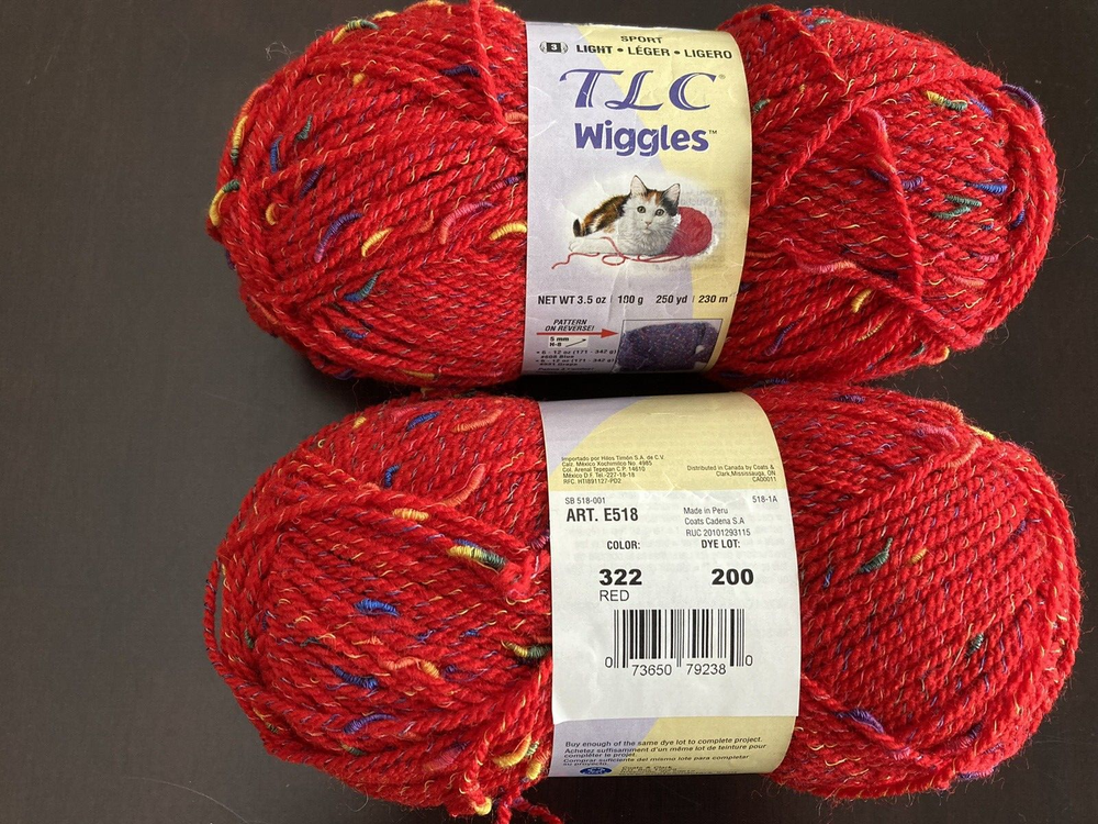 Discontinued TLC Wiggles Color 322 Red Dye Lot 200– Lot of 2 - Red Heart