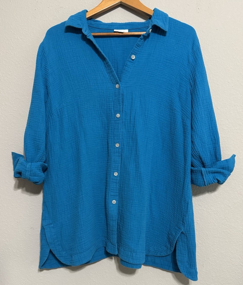 J. Jill Women's L Coastal Grandma Turquoise Cotton Gauze Crinkle Tunic Top