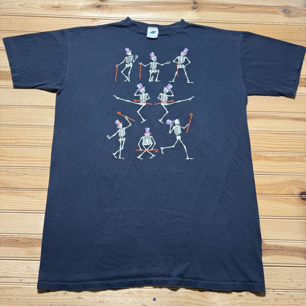 Vintage 90s Dancing Skeletons Hats Canes Single Stitch Graphic T-Shirt One Size