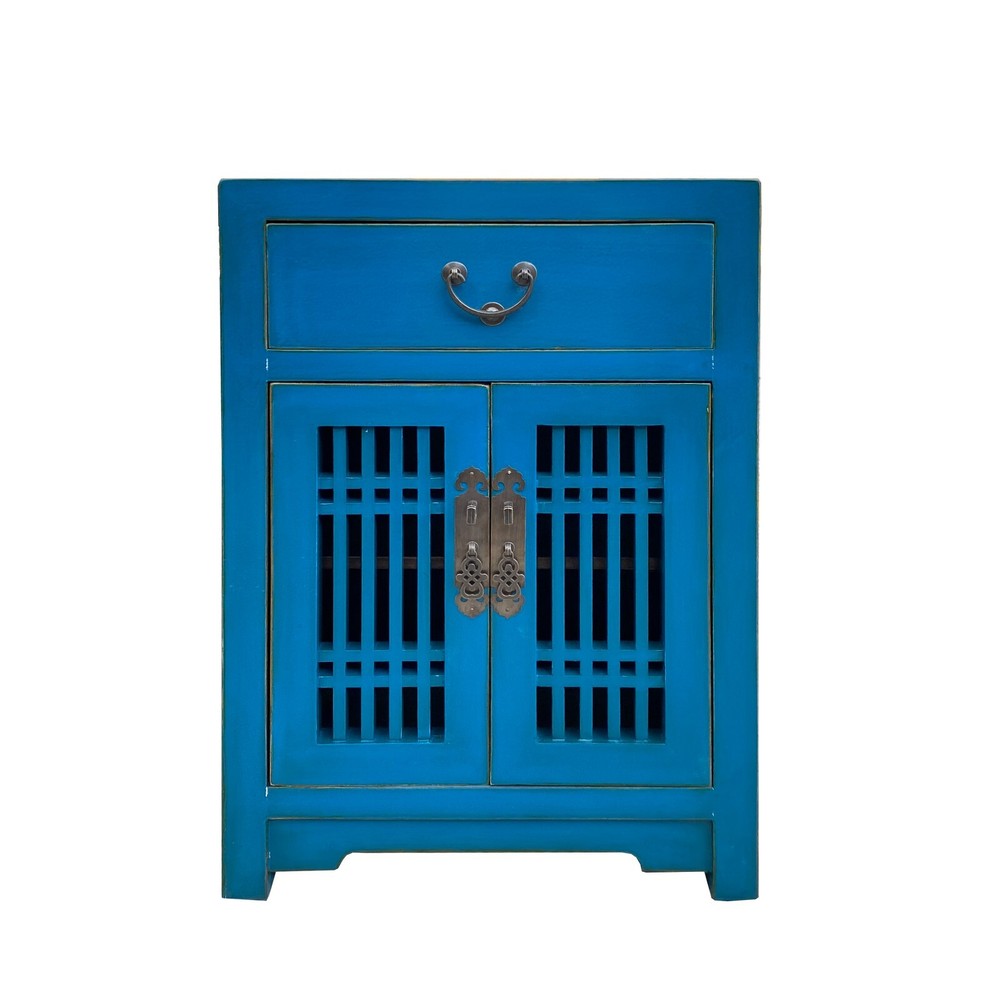 Distressed Bright Bice Blue Shutter Doors End Table Nightstand cs7495