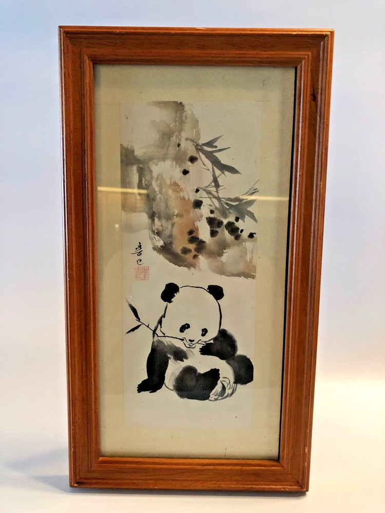 Original Asian Panda Bear Eating Bamboo Ink Wash Painting on paper Signed