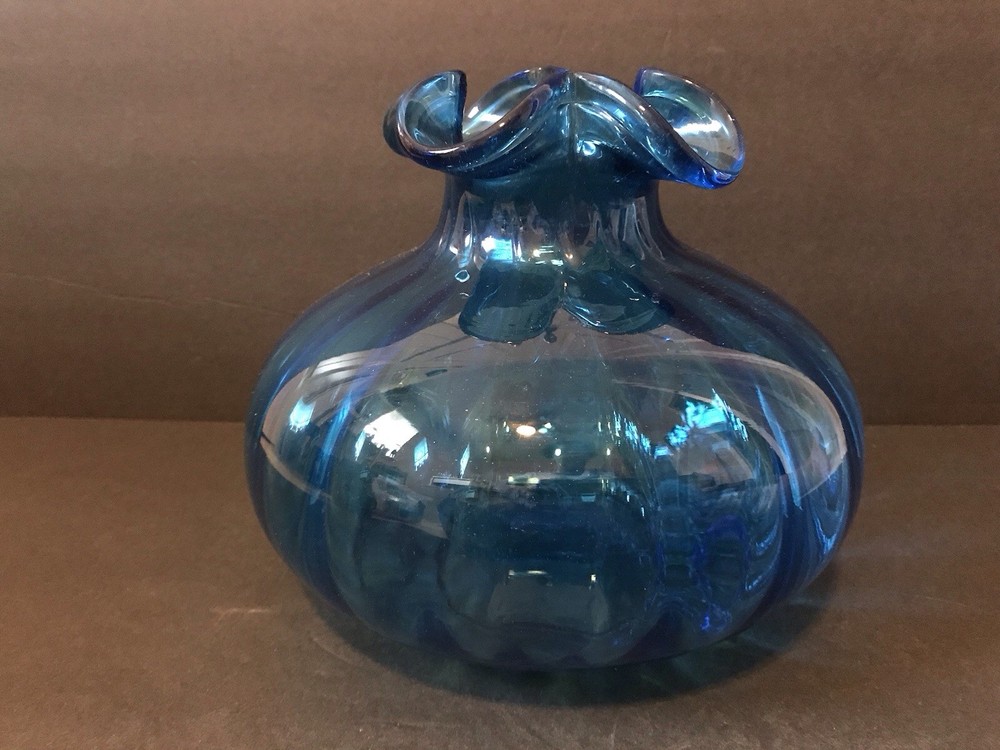 1940s Azure Blue Beacon Hofbauer Blown Optic Glass Onion/Squat Vase