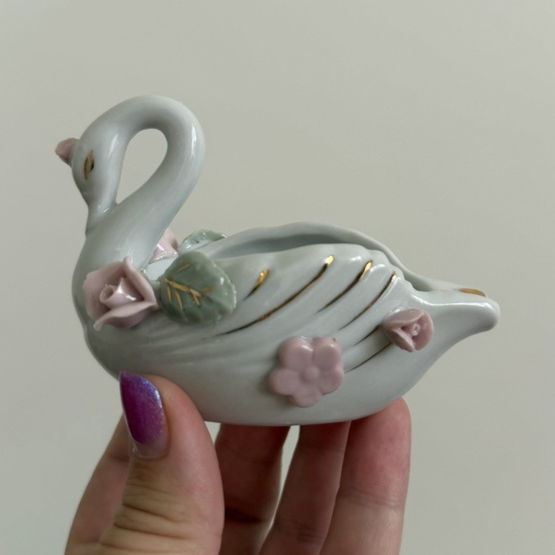 Small Glazed Porcelain Swan Figurine White Pink Gold Floral Accents