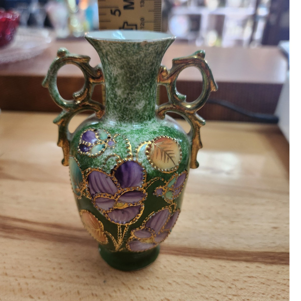 Green Ceramic Vase Double Handles Hand Painted Raised Floral Purple Gold Glossy
