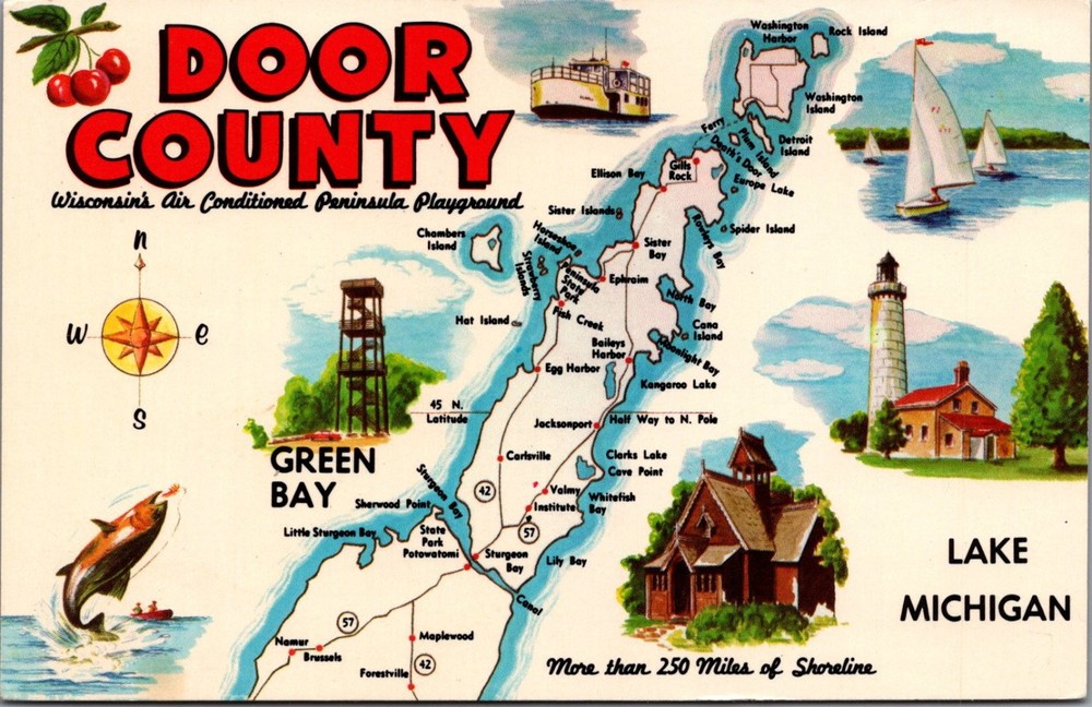 Vintage 1966 Door County Wisconsin Pictorial Map Postcard Dexter Press