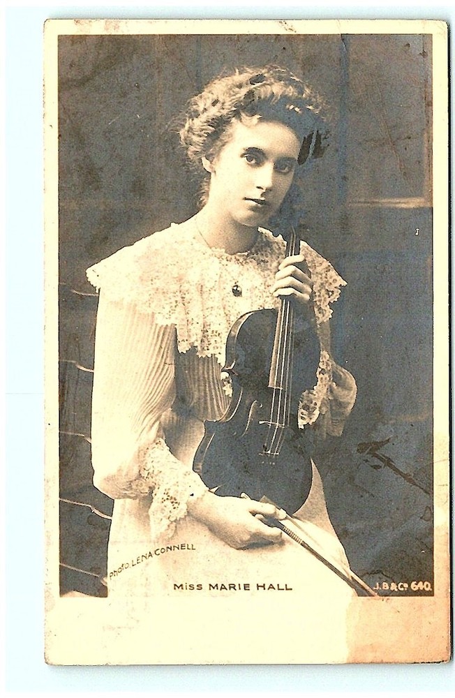 S01-9695, Marie Hall With Violin, Vintage Real Photo Postcard (Rppc)