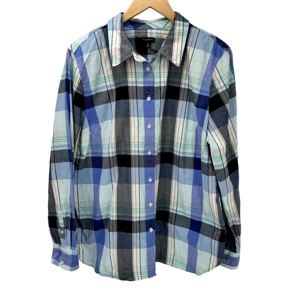Talbots Shirt Womens XL Button Up Long Sleeve Blue Black Plaid Coastal Classic