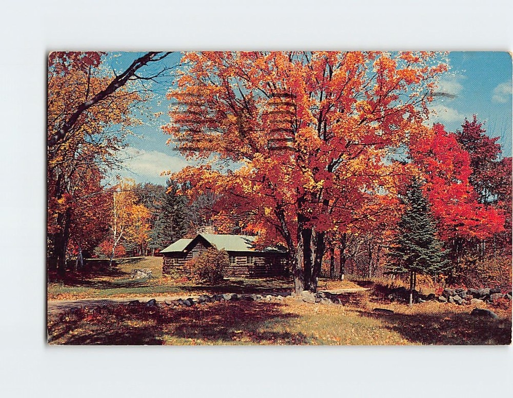Postcard  Autumn Scene with Log Cabin At NH USA