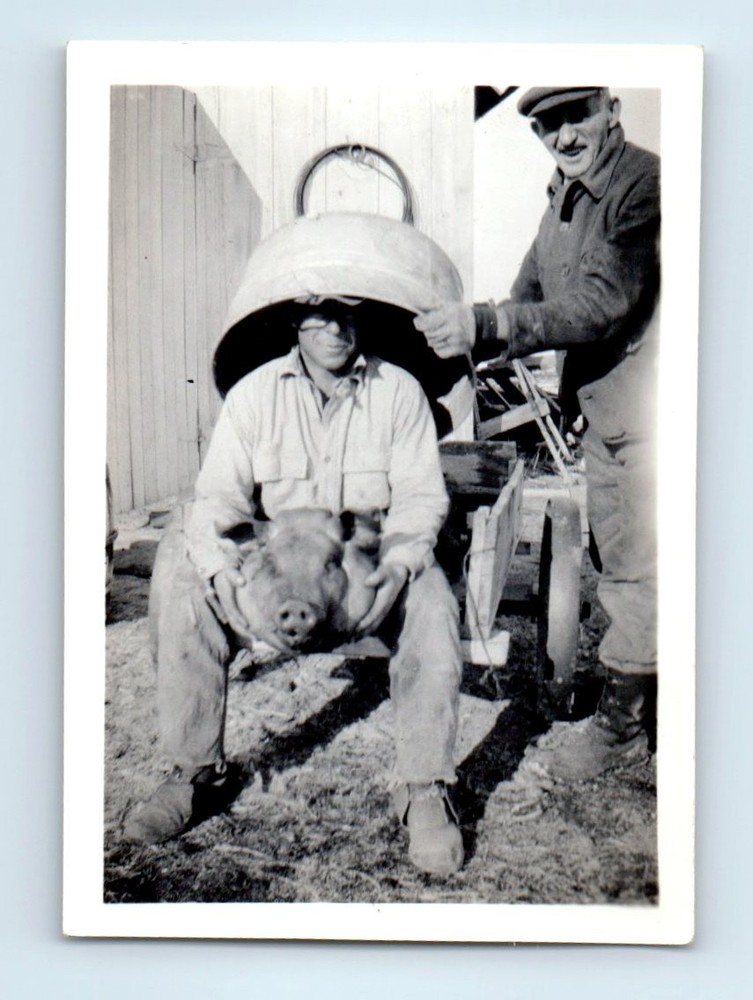 Old Vintage Photo PAIR DUO MEN BIZARRE PIG HEAD BETWEEN LEGS ODD ABSTRACT