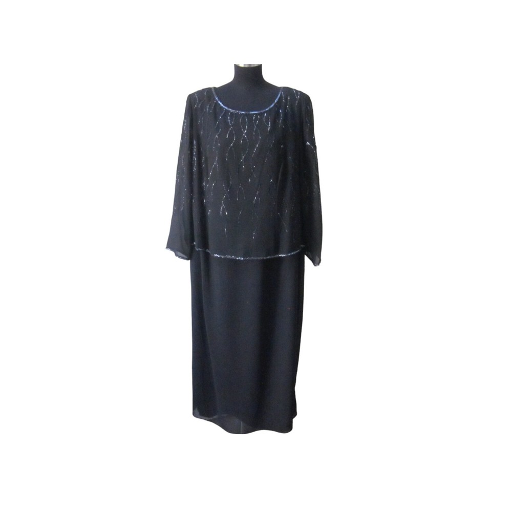 R & M RICHARDS Woman Petites Black Beaded Long Sleeve Formal Evening Dress 18WP