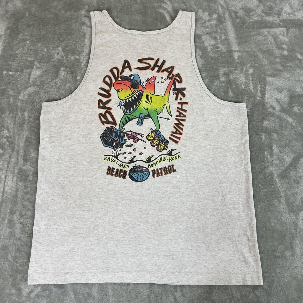 Vintage Brudda Shark Hawaii Shirt Mens XL Graphic Tank Fruit Of The Loom 90s