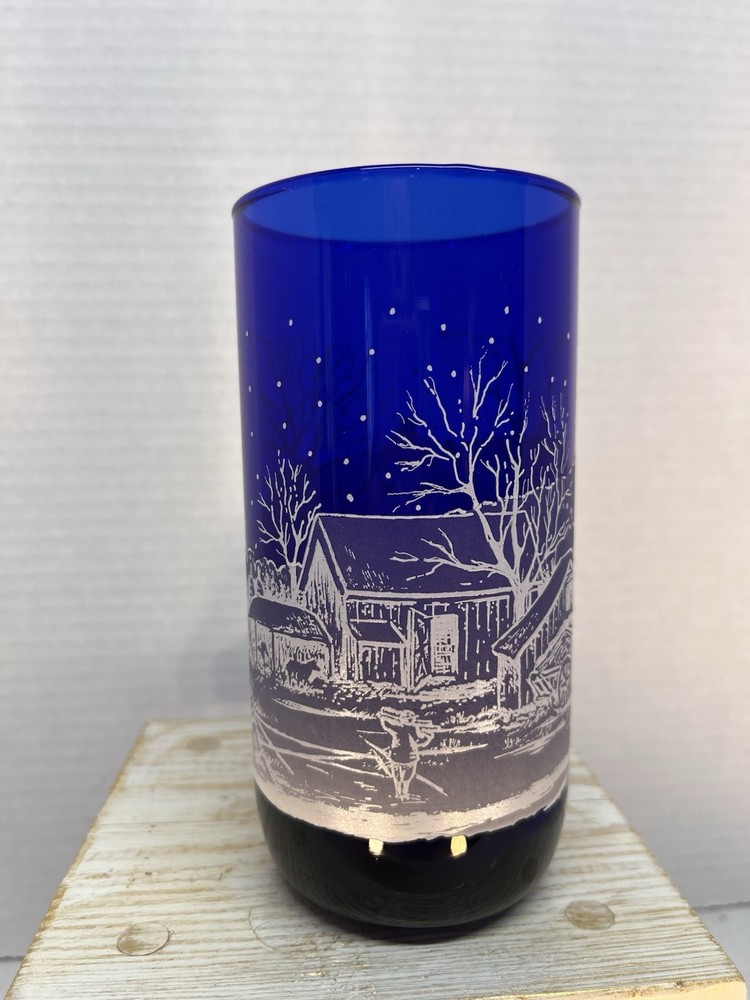Libbey Cobalt Blue Winter Scene Glass 5.75