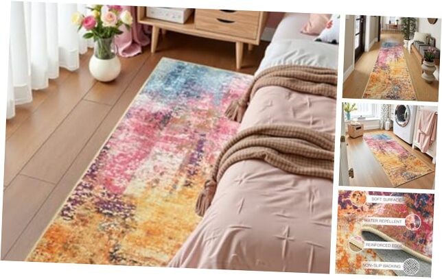 Colorful Abstract Washable Non-Slip Runner Rug for Bedroom or Entryway