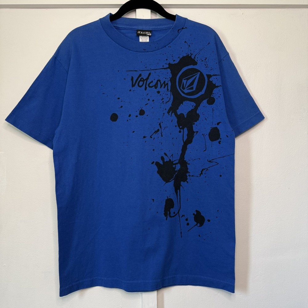 Vintage 2000s Volcom Shirt Size M Graphic Tee Splatter Skate Surf Y2K Blue AOP