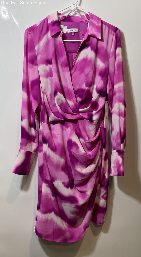Calvin Klein Womens Pink & White Tie-Dye Collared Wrap Dress Size Medium