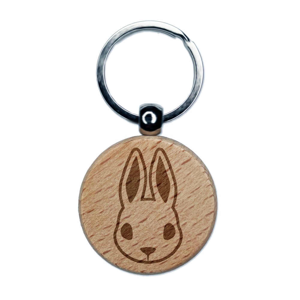 Cute Bunny Rabbit Head Engraved Wood Round Keychain Tag Charm