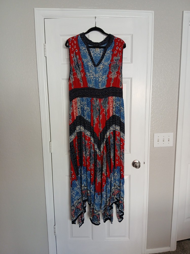 Bila Maxi Dress XXL Red Blue Sleeveless Boho Cottage Prairie Rockabilly Peasant