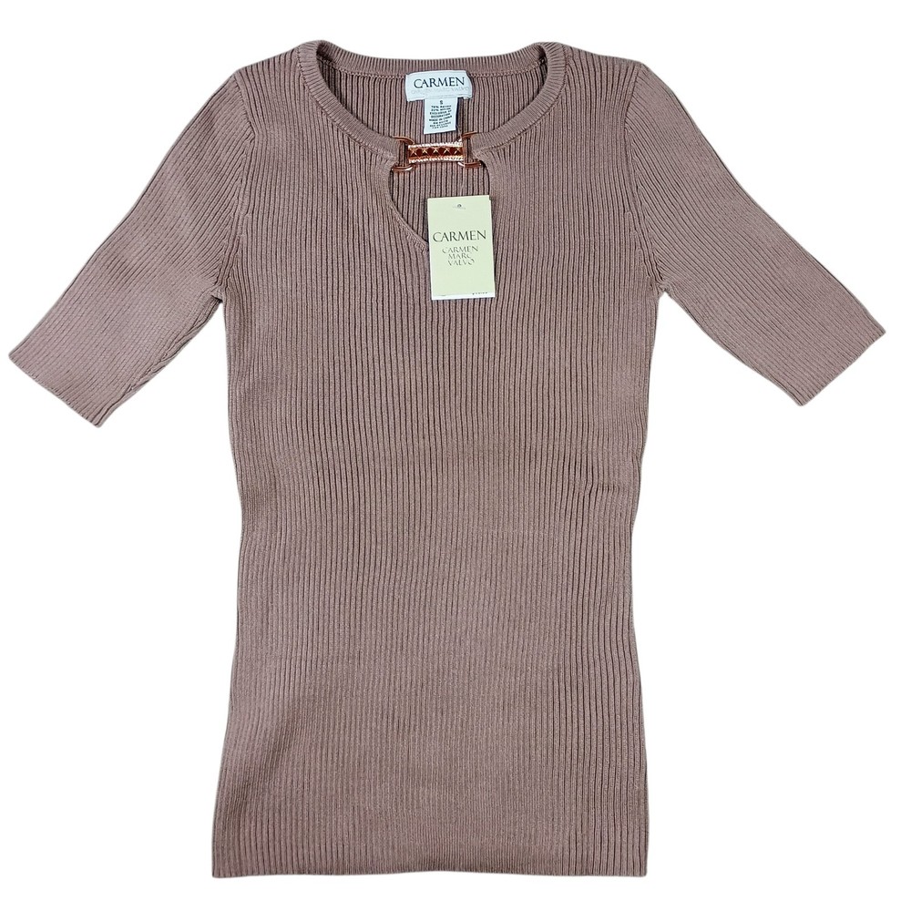 NWT Carmen Marc Valvo Women's Size Small Cameo Rose Ribbed Knit 3/4 Sleeve Top