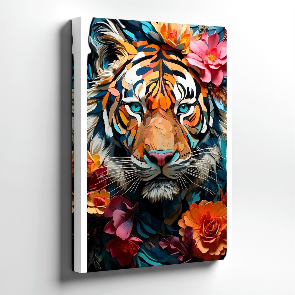 Wall Art Colorful Tiger Face Floral Portrait Canvas Print Modern Animal Decor