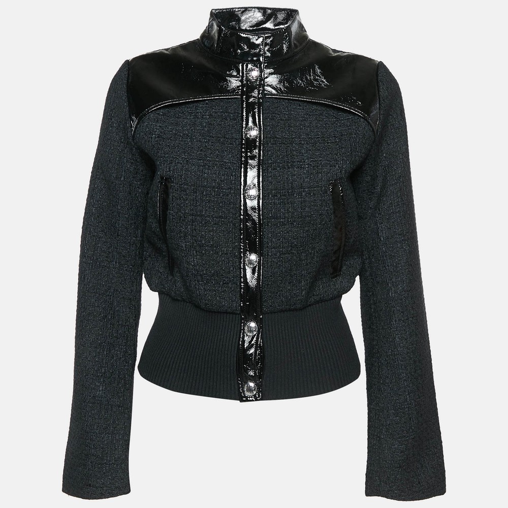 Maje Black Tweed Button Front Jacket with Contrast Trim in XS
