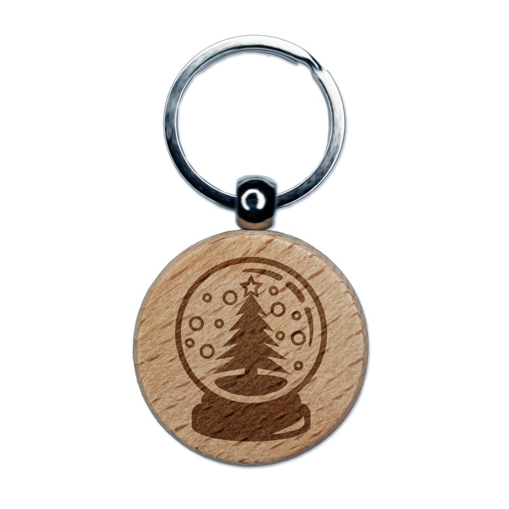 Snowglobe Christmas Tree Engraved Wooden Keychain Charm Tag