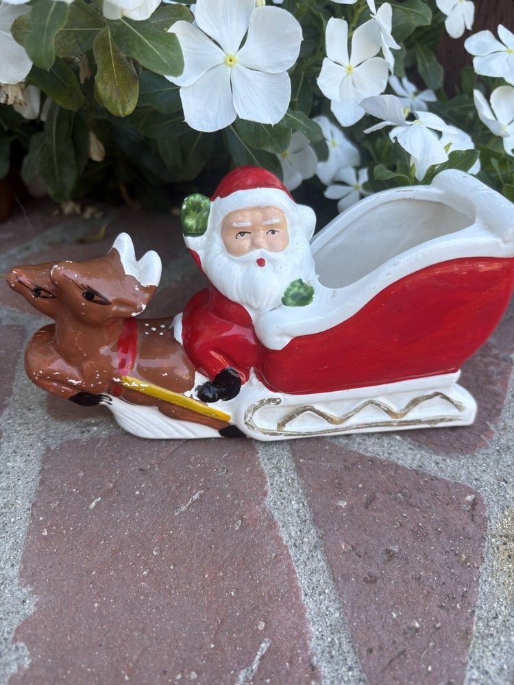 Vintage Waving Santa In Sleigh 2  Spotted Reindeer Planter Candy Cane Holder