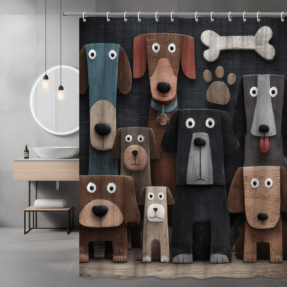 Dog Shower Curtain, Cute Dog Faces and Bone Print, Animal Bathroom Decor