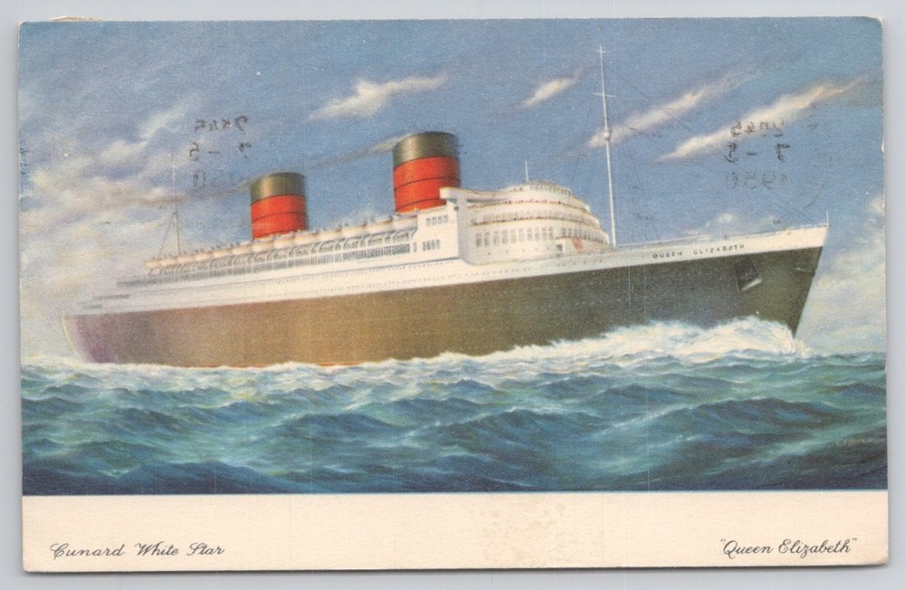 Cunard White Star RMS Queen Elizabeth Ocean Liner Postcard 1950 Bing Crosby