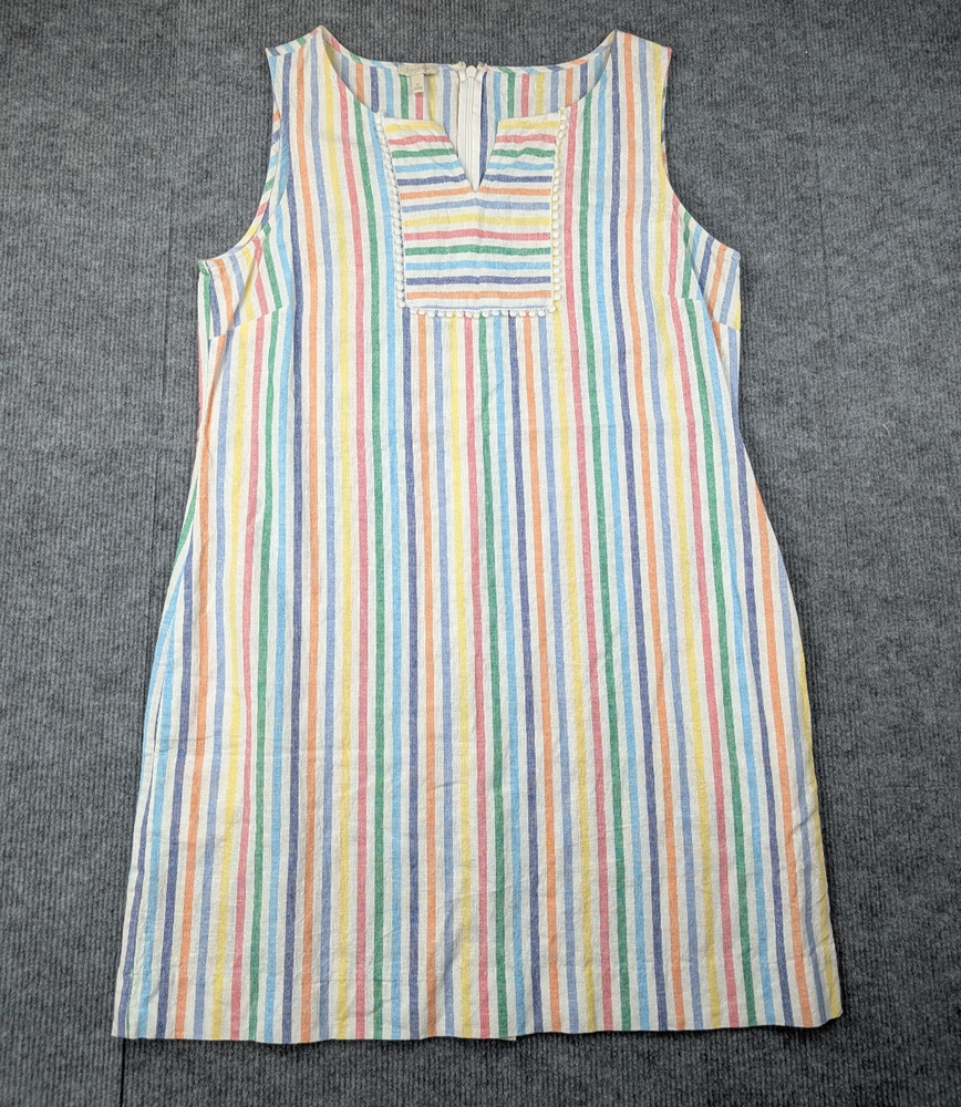 Talbots Linen Dress Women 12 Striped Rainbow Coastal Resort Bright Colorful Mini