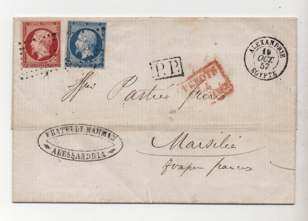FRANCE 1857 FOLDED LETTER FROM ALEXANDRIA TO MARSEILLE FRANKED SC. #15 & #19