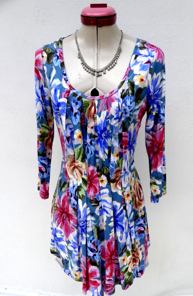 Blue Illusion Pink White Floral Pleated Jersey Top 3/4 Sleeves XS Aus 8