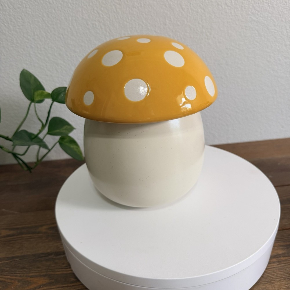 World Market Ceramic Mushroom Cookie Jar/Canister Speckled Body Yellow Lid