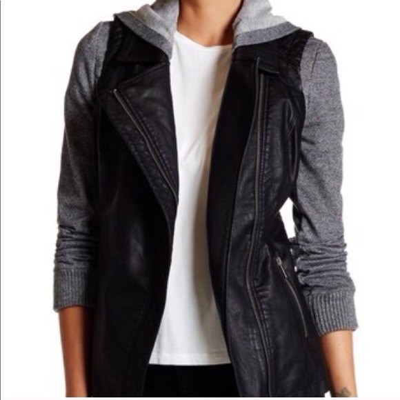 Blanc Noir Moto Jacket S Small Womens Black Gray Faux Leather BNCI Hooded Coat
