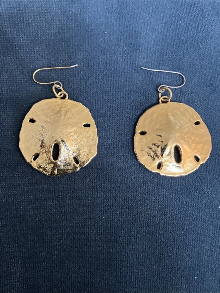 Sand Dollar Earrings Gold Tone Fishhook Drop Dangle Beautiful Satiny Look VTG