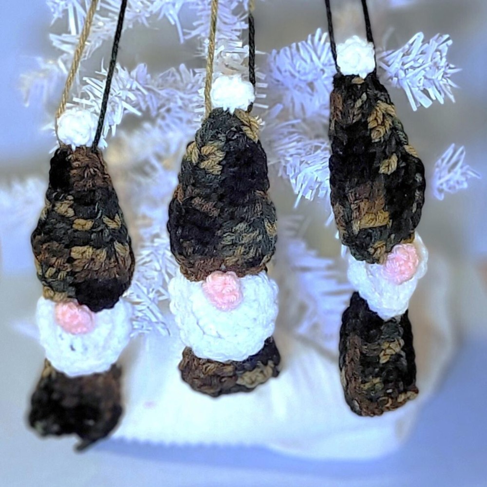 Gnome Christmas Ornaments Set of 3 - Camouflage - Handmade Crochet