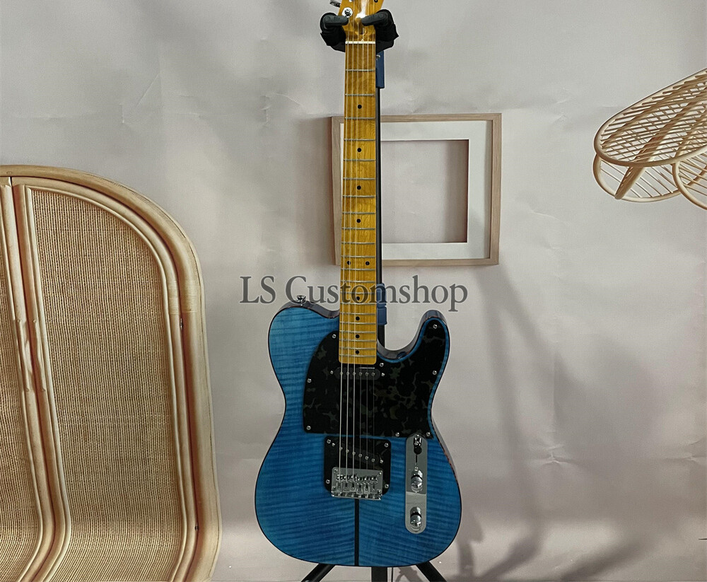 Custom Blue TL Electric Guitar Flamed Maple Top Chrome Hardware Special Shaped